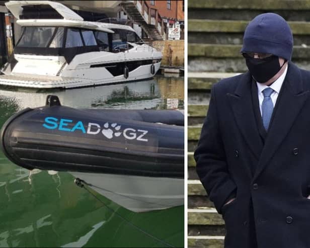 L: Seadogz boat involved in the crash which killed Emily Lewis. R: Speedboat driver Michael Lawrence who has been acquitted of manslaughter at Winchester Crown Court but found guilty of failing to maintain a proper lookout and failing to maintain a safe speed relating to the death of 15-year-old Emily Lewis.