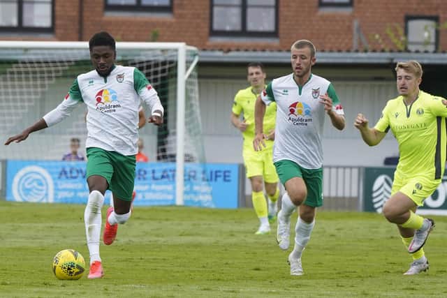 Could Bognor Regis (white/green) be facing Gosport Borough for the first time in a competitive game in next season's Southern League? Picture by Trevor Staff