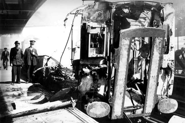A damaged train at Portsmouth Harbour station.
