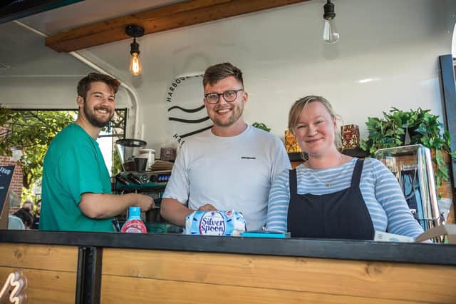 Staff at the Harbour Coffee Van. Pictured: Levi Freed (22), Ed Haycock (29), Beth charman (29)Picture: Mike Cooter (090621)
