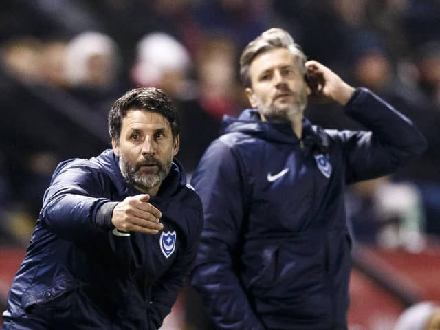 Danny Cowley urges Pompey on in their 3-0 success at Lincoln. Picture: Daniel Chesterton/phcimages.com