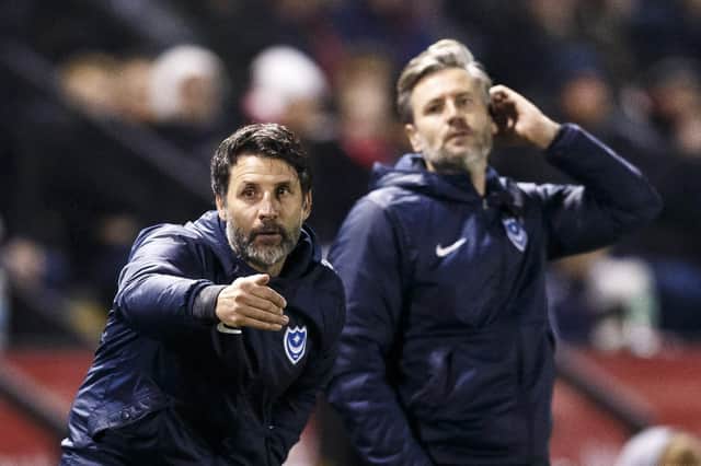 Danny Cowley urges Pompey on in their 3-0 success at Lincoln. Picture: Daniel Chesterton/phcimages.com