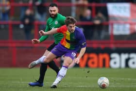 Altrincham's Josh Hancock (foreground) is the club's join-top National League scorer in 2020/21 with three goals. Photo by Alex Livesey/Getty Images.