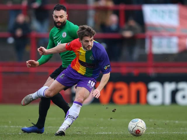Altrincham's Josh Hancock (foreground) is the club's join-top National League scorer in 2020/21 with three goals. Photo by Alex Livesey/Getty Images.