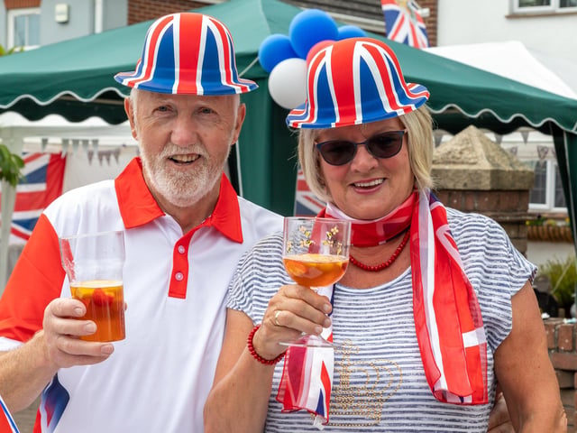 Roger Harris, 72, and Fiona Harris, 70, at the Cams Bay Close street party in Fareham on Friday