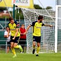 Joe Lea, left, celebrates his opening goal against Chesham. Picture: Tom Phillips