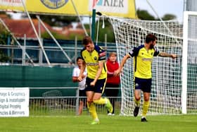Joe Lea, left, celebrates his opening goal against Chesham. Picture: Tom Phillips
