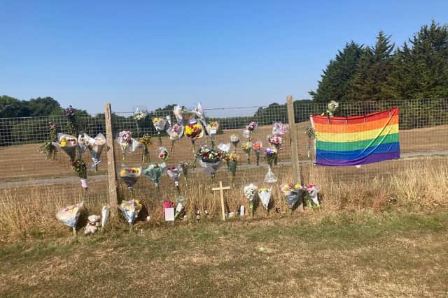 A shrine set up at the recreation in Hillson Drive, Fareham, in memory of Wiggy Symes, who died after a dog attack there Picture: Steve Deeks