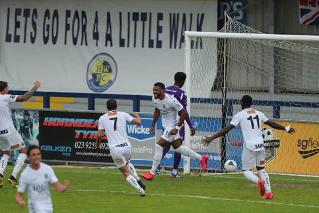 Jonah Ayunga celebrates his goal against Dartford. Photo by Dave Haines.