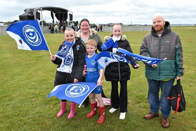 Pompey F.C football fans have been flocking to Southsea Common for the League One celebrations which have been organised by Portsmouth City Council. Pictured: The Smith FamilyPicture Credit: Keith Woodland