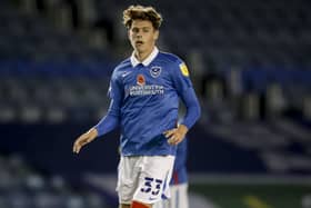 Harrison Brook pictured his sole first-team outing for Pompey - against West Ham Under-21s in November 2020. Photo: Robin Jones/Getty Images