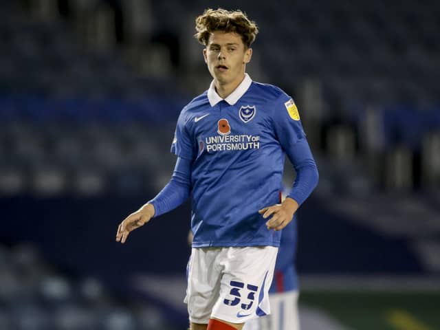 Harrison Brook pictured his sole first-team outing for Pompey - against West Ham Under-21s in November 2020. Photo: Robin Jones/Getty Images