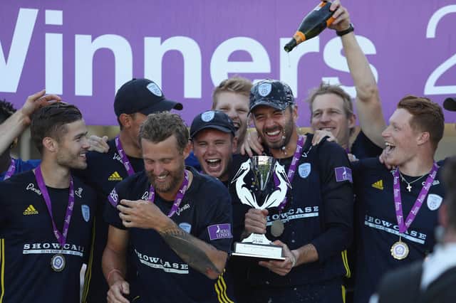 Jimmy Adams pours champagne over captain James Vince after Hampshire won the 2018 Royal London Cup. The 50-over tournament returns in 2021 after being left off last year's fixture list due to the pandemic. Photo by Christopher Lee/Getty Images.