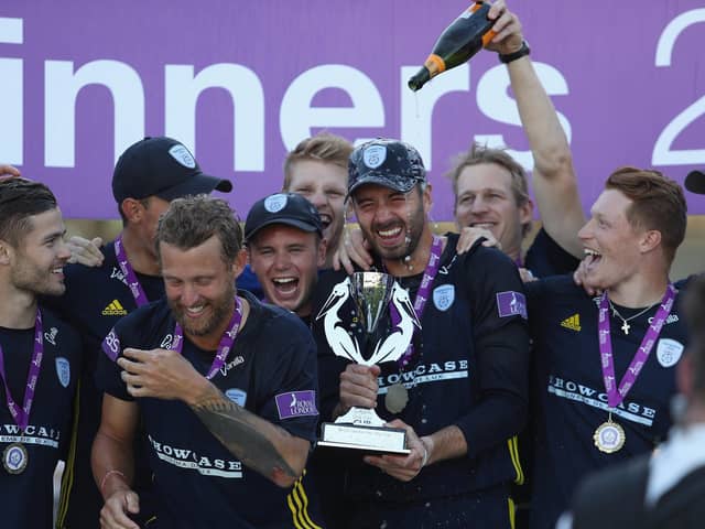 Jimmy Adams pours champagne over captain James Vince after Hampshire won the 2018 Royal London Cup. The 50-over tournament returns in 2021 after being left off last year's fixture list due to the pandemic. Photo by Christopher Lee/Getty Images.