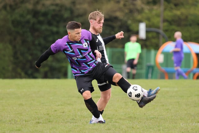 Action from Al's Bar's 3-0 win over Emsworth Town reserves (black and white kit) in City of Portsmouth Sunday Football League Division Four. Picture: Kevin Shipp