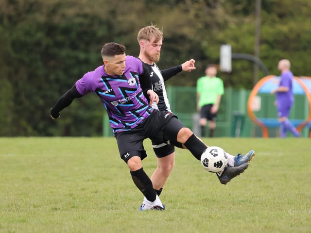 Action from Al's Bar's 3-0 win over Emsworth Town reserves (black and white kit) in City of Portsmouth Sunday Football League Division Four. Picture: Kevin Shipp