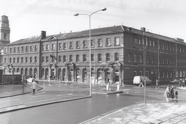 The Post Office in Commercial Road on the corner of Stanhope Road 1970's. The Guildhall clocktower to the left.