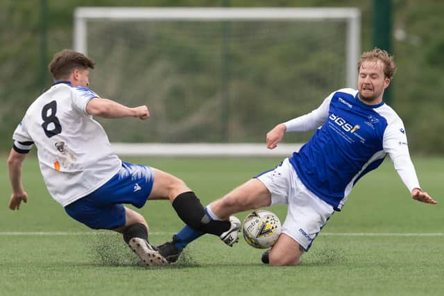The tackle in which Clanfield captain Will Martin suffered a broken leg in the Hampshire Premier League supplementary cup tie with Denmead at Front Lawn. Picture: Keith Woodland