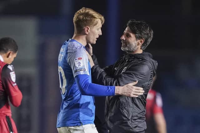 Danny Cowley congratulates Joe Pigott for his set-piece goal in Tuesday night's Papa Johns Trophy win against Stevenage