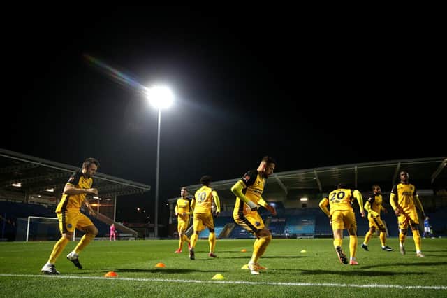 Aldershot players warm up at Chesterfield Picture: Alex Pantling/Getty Images