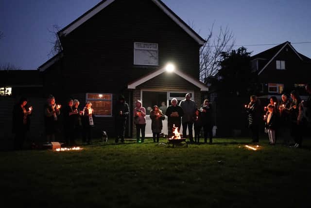 A vigil being held at St Mary Magdalen Church, Coldean, East Sussex, near to where remains have been found in the search for the two-month-old baby of Constance Marten and Mark Gordon. The pair were arrested on suspicion of gross negligence manslaughter after being stopped without the baby in Brighton on Monday following several weeks of avoiding the police. Pic Jordan Pettitt/PA Wire