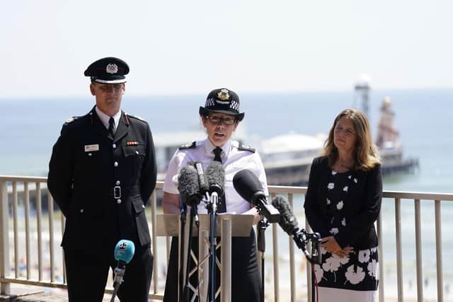 Dorset & Wiltshire Fire And Rescue Assistant Chief Fire Officer Andy Cole, Assistant Chief Constable Rachel Farrell and Vikki Slade leader of Bournemouth council (Photo: Andrew Matthews/PA Wire)