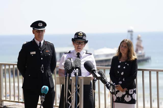 Dorset & Wiltshire Fire And Rescue Assistant Chief Fire Officer Andy Cole, Assistant Chief Constable Rachel Farrell  and Vikki Slade leader of Bournemouth council (Photo: Andrew Matthews/PA Wire)