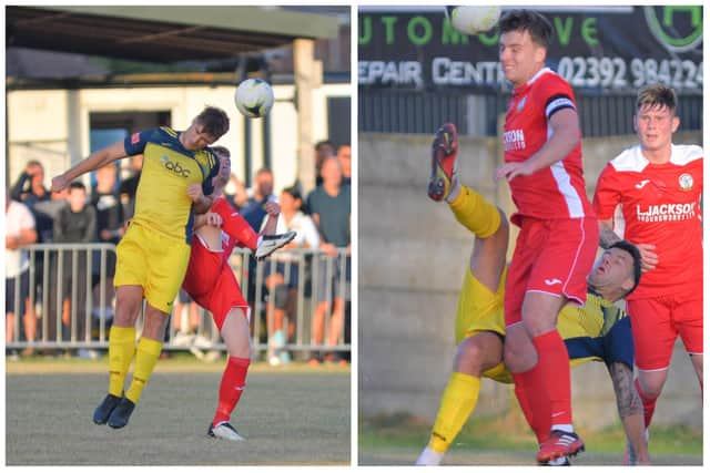 Moneyfields' Joe Briggs wins a header, left, while Horndean skipper Sam Hookey is pictured prior to his first half dismissal. Picture by Martyn White