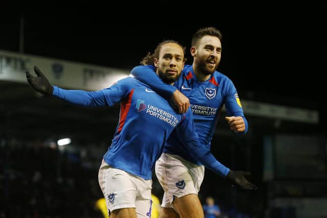 Marcus Harness celebrates his goal against MK Dons with Ben Close. Picture: Joe Pepler