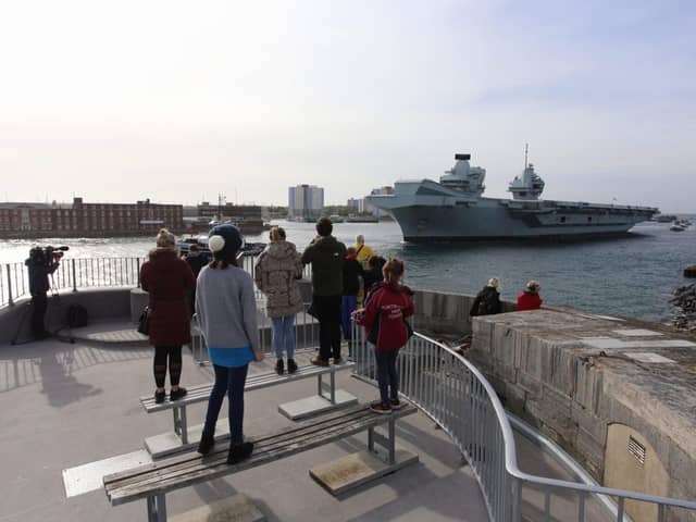 Crowds gather at The Round Tower to watch HMS Queen Elizabeth depart from Portsmouth on April 29. Photo: Habibur Rahman