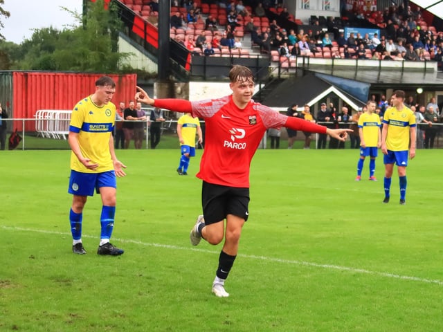 Matt Pates celebrates scoring for Fareham against Laverstock. Picture: Ken Walker