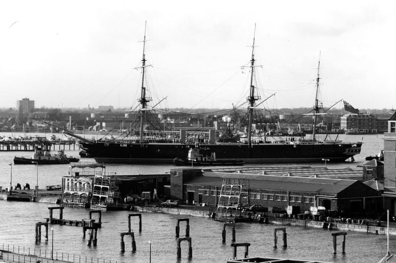 A side on view of the armoured frigate, HMS Warrior in the 90's. The News PP4335