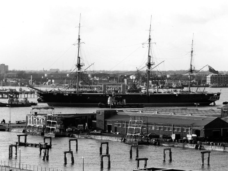 A side on view of the armoured frigate, HMS Warrior in the 90's. The News PP4335