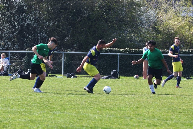 Action from the Challenge Cup clash between Pelham Arms (blue/yellow kit) and FFTP (green and black kit). Picture: Sam Stephenson