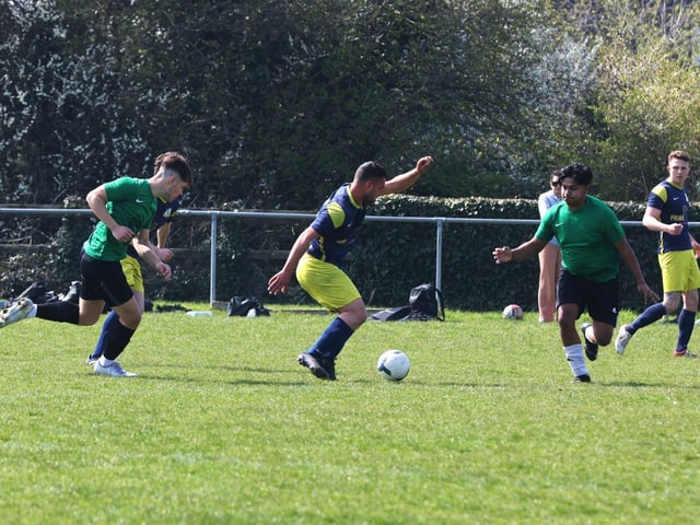 Action from the Challenge Cup clash between Pelham Arms (blue/yellow kit) and FFTP (green and black kit). Picture: Sam Stephenson