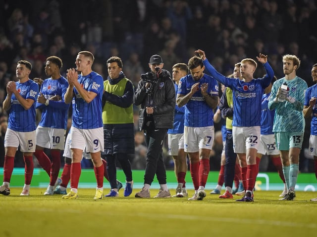 The Pompey players thank the Fratton faithful for their support at the final whistle.