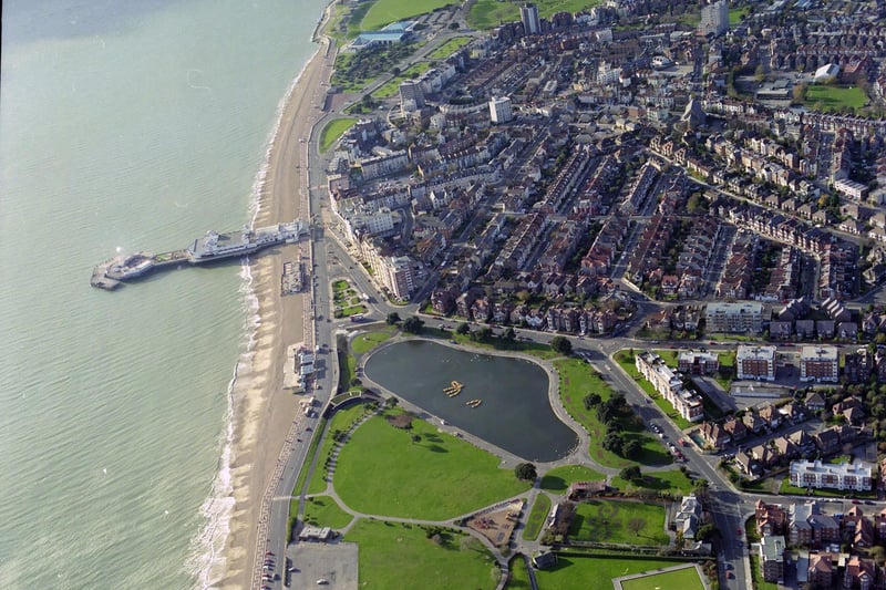 An aerial view of South Parade Pier and Canoe Lake in Southsea in 1998.

