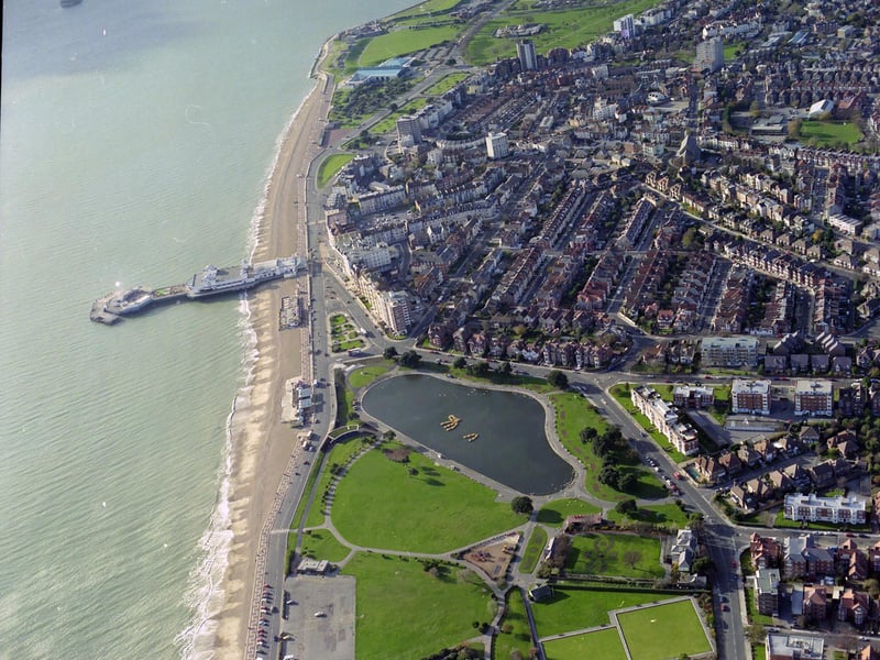 An aerial view of South Parade Pier and Canoe Lake in Southsea in 1998.