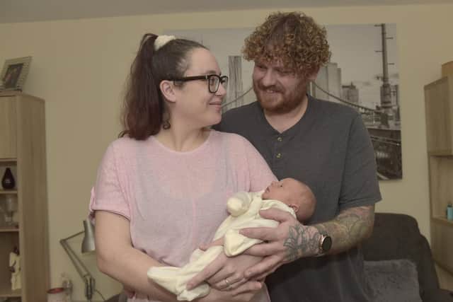 Kirsty McLaughlin (35) from Gosport, gave birth to her second son Ellis Holloway on Saturday January 14, 2023 on Portsdown Hill with her partner Owen Holloway (35) who delivered the baby and dad Ray Laughlin (59) directed traffic and the ambulances.

Picture: Sarah Standing (190123-8473)