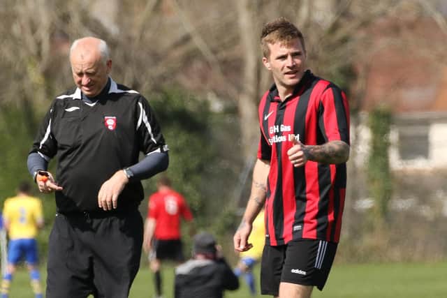 Ash Wheatley after scoring Carberry's opening goal against Cowplain. Pic: Kevin Shipp.