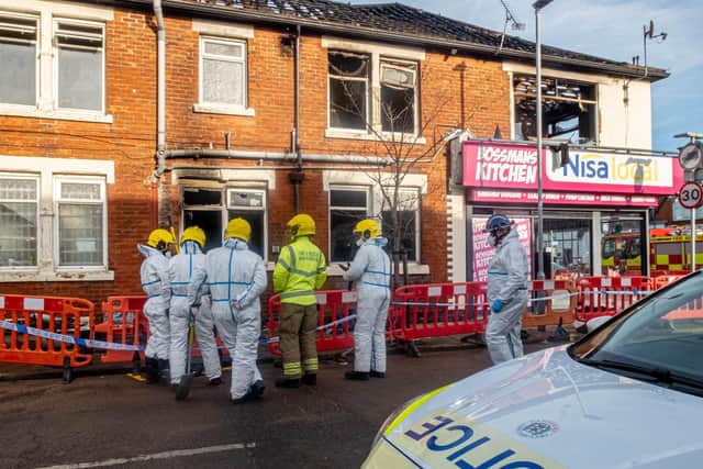 Emergency personnel examined the buildings following the blaze. Pictured: Hampshire and Rescue team outside the flats that caught fire in Battenberg Avenue, Portsmouth. Picture: Habibur Rahman
