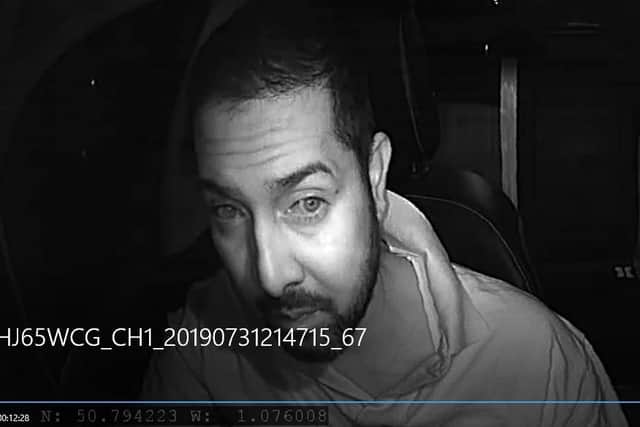 Mohammed Nazrul Islam, 37, accepted a request for the journey by retired police staff officer Rachael Tudor before leaving the vulnerable woman alone at night in Southsea after cancelling. Pictured: Mohammed Islam on his in-car CCTV proving his excuse that he rejected the fare as he suffered hayfever and had been sneezing and itching his eyes was false.Picture: Portsmouth City Council