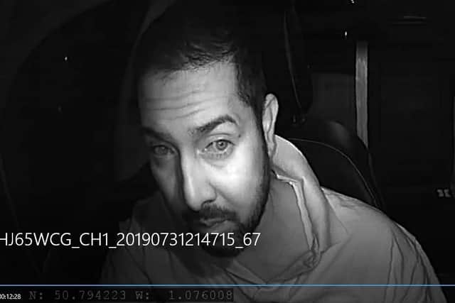 Mohammed Nazrul Islam, 37, accepted a request for the journey by retired police staff officer Rachael Tudor before leaving the vulnerable woman alone at night in Southsea after cancelling. 

Pictured: Mohammed Islam on his in-car CCTV proving his excuse that he rejected the fare as he suffered hayfever and had been sneezing and itching his eyes was false.

Picture: Portsmouth City Council
