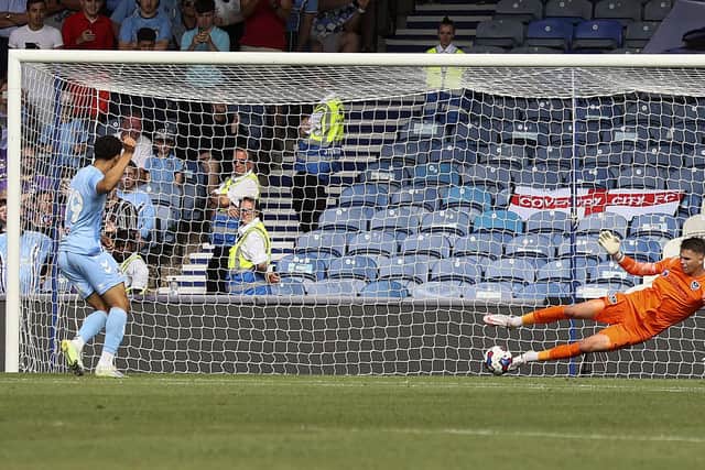 Josh Griffiths saved Tyler Walker's 81st-minute penalty in Saturday's 2-0 loss to Coventry. Picture: Barry Zee