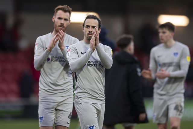 Ryan Williams and Tom Naylor applaud the Pompey away fans after the loss at Fleetwood Town. Picture: Daniel Chesterton/phcimages.com