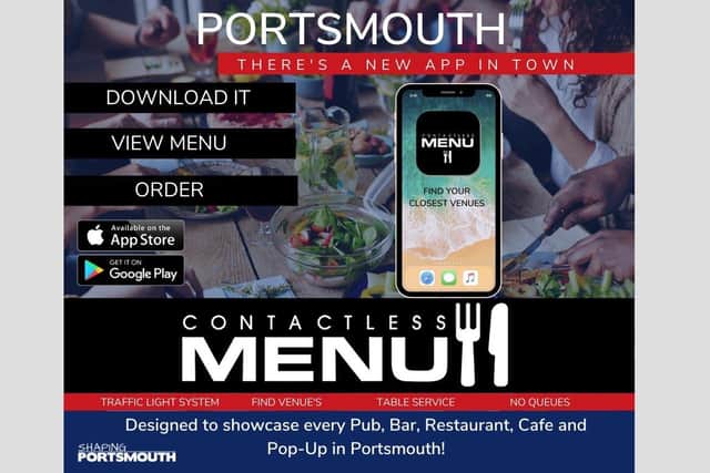 A promotional poster for the new Contactless Menu app being spearheaded by a group of Portsmouth developers, Portsmouth City Council and Shaping Portsmouth. 