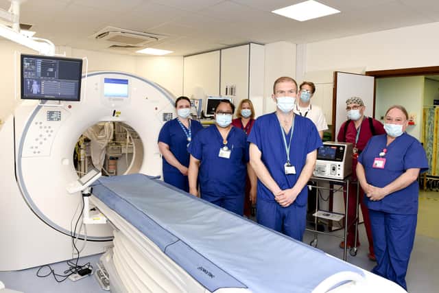 The microwave ablation equipment at QA Hospital.
From left to right, Hannah Califano (Sister), Renee Coxen (Senior Sister), Dr Nancy Boniface (Consultant Anaesthetist), Dr Ball (Consultant Interventional Radiologist), Ben Ridge (CT Cardiac Lead), Steve Adey (Senior Operating Department Practitioner) and Ruth Burghard (Supply Chain Coordinator).
Picture: PHU