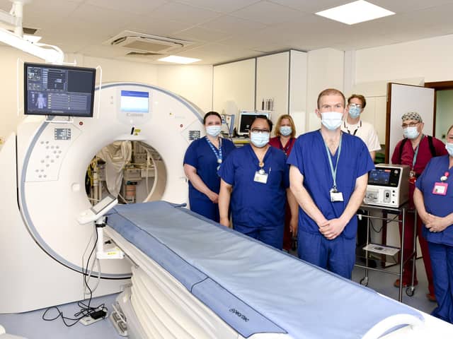 The microwave ablation equipment at QA Hospital.
From left to right, Hannah Califano (Sister), Renee Coxen (Senior Sister), Dr Nancy Boniface (Consultant Anaesthetist), Dr Ball (Consultant Interventional Radiologist), Ben Ridge (CT Cardiac Lead), Steve Adey (Senior Operating Department Practitioner) and Ruth Burghard (Supply Chain Coordinator).
Picture: PHU