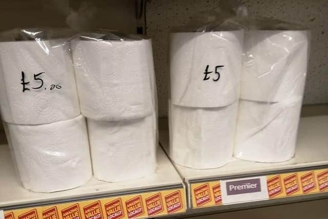 Toilet rolls in Hartley Stores in Bedhampton being sold in loose plastic bags for £5 for four rolls on March 18 2020 as the product is being bulk bought due to coronavirus fears in Britain. Picture: Kaylee Brasher
