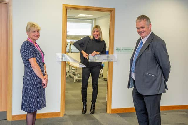 Operations manager, Lin Barlow and clinical director, Donal Collins with MP Caroline Dinenage